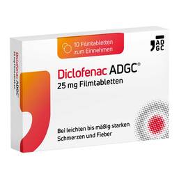 Abbildung: Diclofenac ADGC 25 mg Filmtabletten 10 St, Filmtabletten PZN 19348970