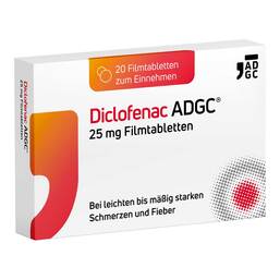 Abbildung: Diclofenac ADGC 25 mg Filmtabletten 20 St, Filmtabletten PZN 19348987
