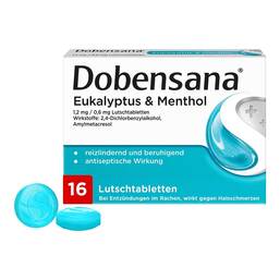 Abbildung: Dobensana Eukalyptus & Menthol 1,2mg / 0,6mg Lut.-T. 16 St, Lutschtabletten PZN 19415761