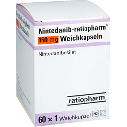 Abbildung: Nintedanib-ratiopharm 150 mg Weichkapseln 60 St, Weichkapseln PZN 19466184