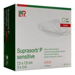Abbildung: Suprasorb P sensitive PU-Schaumv.border 7,5x7,5cm 10 St, Verband PZN 20009517