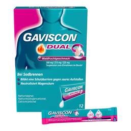 Abbildung: Gaviscon Dual Waldfrucht 500mg / 213mg / 325mg Sue 12X10 ml, Suspension zum Einnehmen PZN 20033065