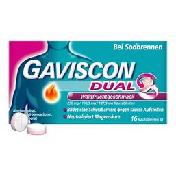 Abbildung: Gaviscon Dual Waldfrucht 250mg / 106,5mg / 187,5mg Kta 16 St, Kautabletten PZN 20033102