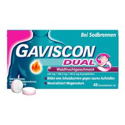 Abbildung: Gaviscon Dual Waldfrucht 250mg / 106,5mg / 187,5mg Kta 48 St, Kautabletten PZN 20033119