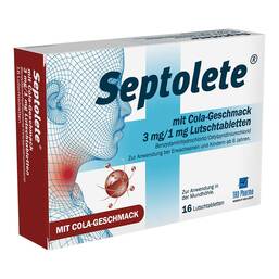 Abbildung: Septolete mit Cola-Geschmack 3mg / 1mg Lutschtabletten 16 St, Lutschtabletten PZN 20082425