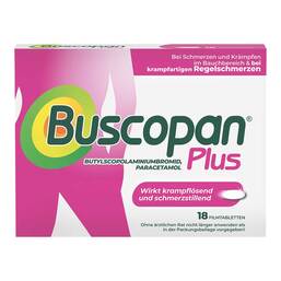 Abbildung: Buscopan Plus pink 10 mg/500 mg Filmtabletten 18 St, Filmtabletten PZN 20319040