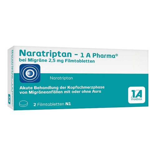 Abbildung: Naratriptan 1A Pharma bei Migräne 2,5 mg Filmtabletten Filmtabletten, 2 St PZN 09322478