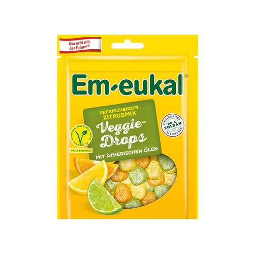Abbildung: EM Eukal Veggie-Drops erfrischender Zitrusmix zuckerhaltig Bonbons, 90 g PZN 10836395