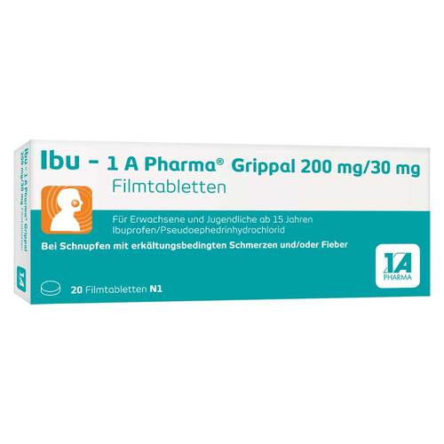 Abbildung: Ibu-1A Pharma Grippal 200 mg / 30 mg Filmtabletten Filmtabletten, 20 St PZN 14141365