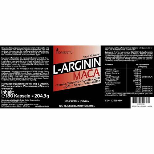 Biomenta L-Arginin + Maca + Tribulus + Acerola Kapseln - 3