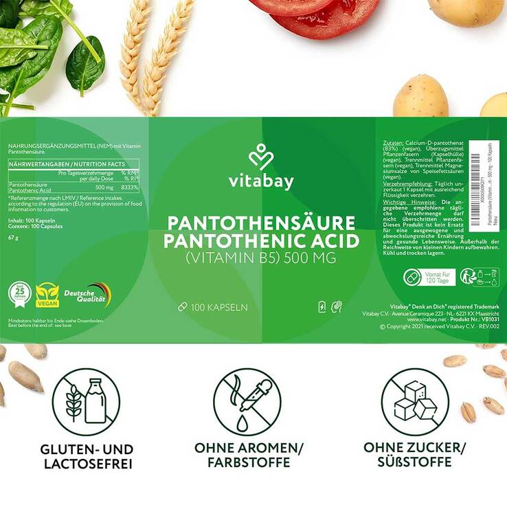 Pantothensäure 500 mg Vitamin B5 vegane hochdosierte magensaftresistente Kapseln - 2