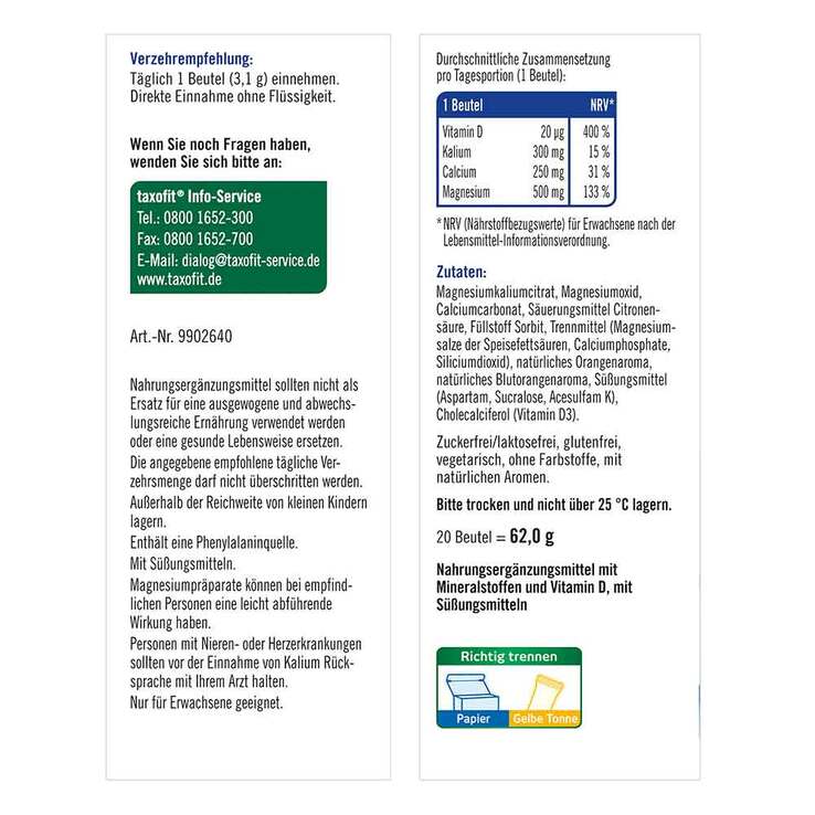Taxofit Magnesium 500 + Calcium + Kalium Direkt Granulat - 9